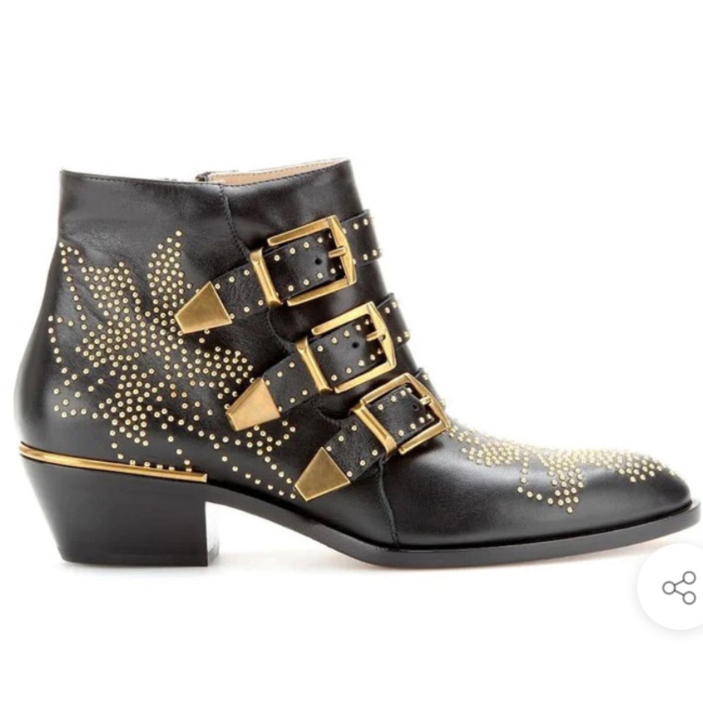 Metallic Studded Buckle Strapped Pointed Toe Ankle Boots.